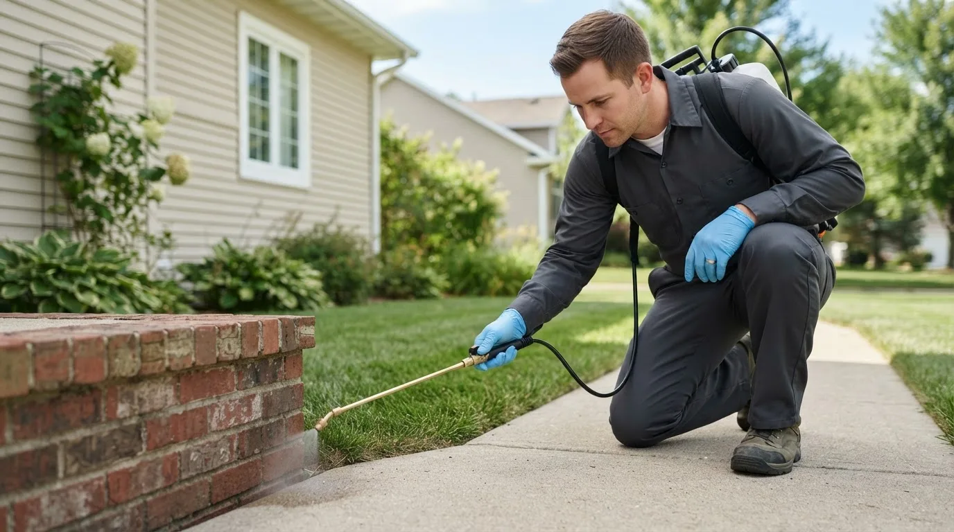 Pest control technician treating a home near Oxford Junction, IA