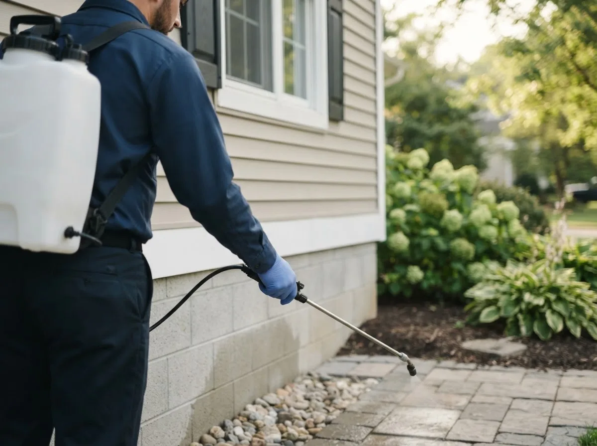 Pest control technician inspecting a home in Oxford Junction, IA